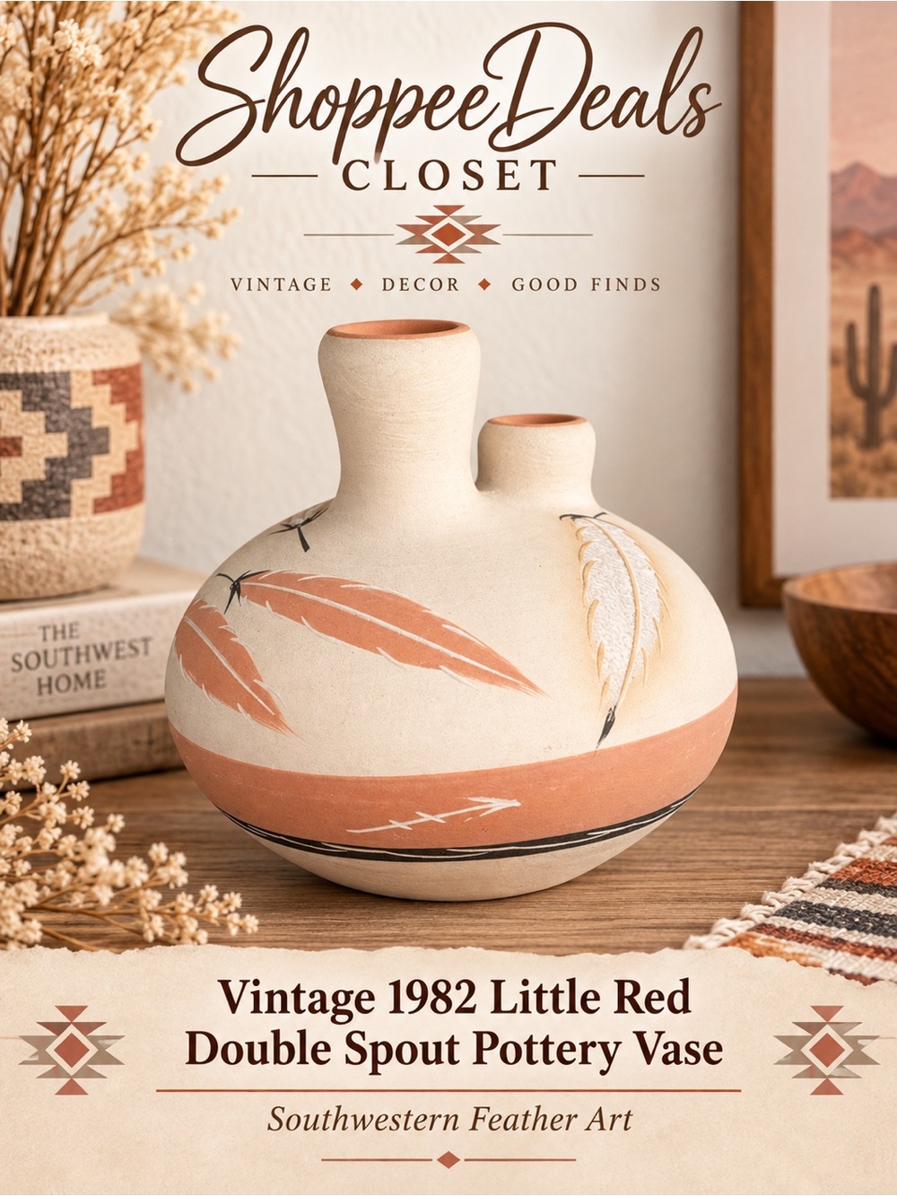 Vintage 1982 Little Red Double Spout Pottery Vase Southwestern Feather Art